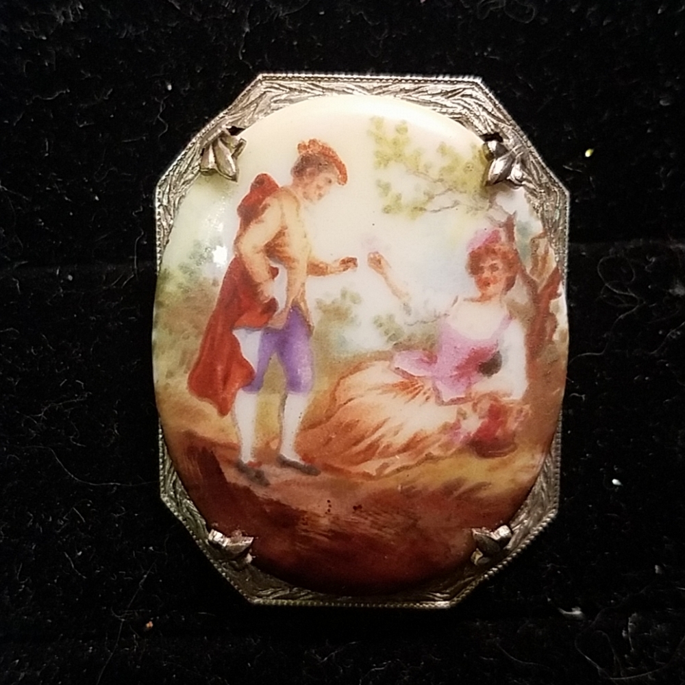 Victorian French painted porcelain pin brooch